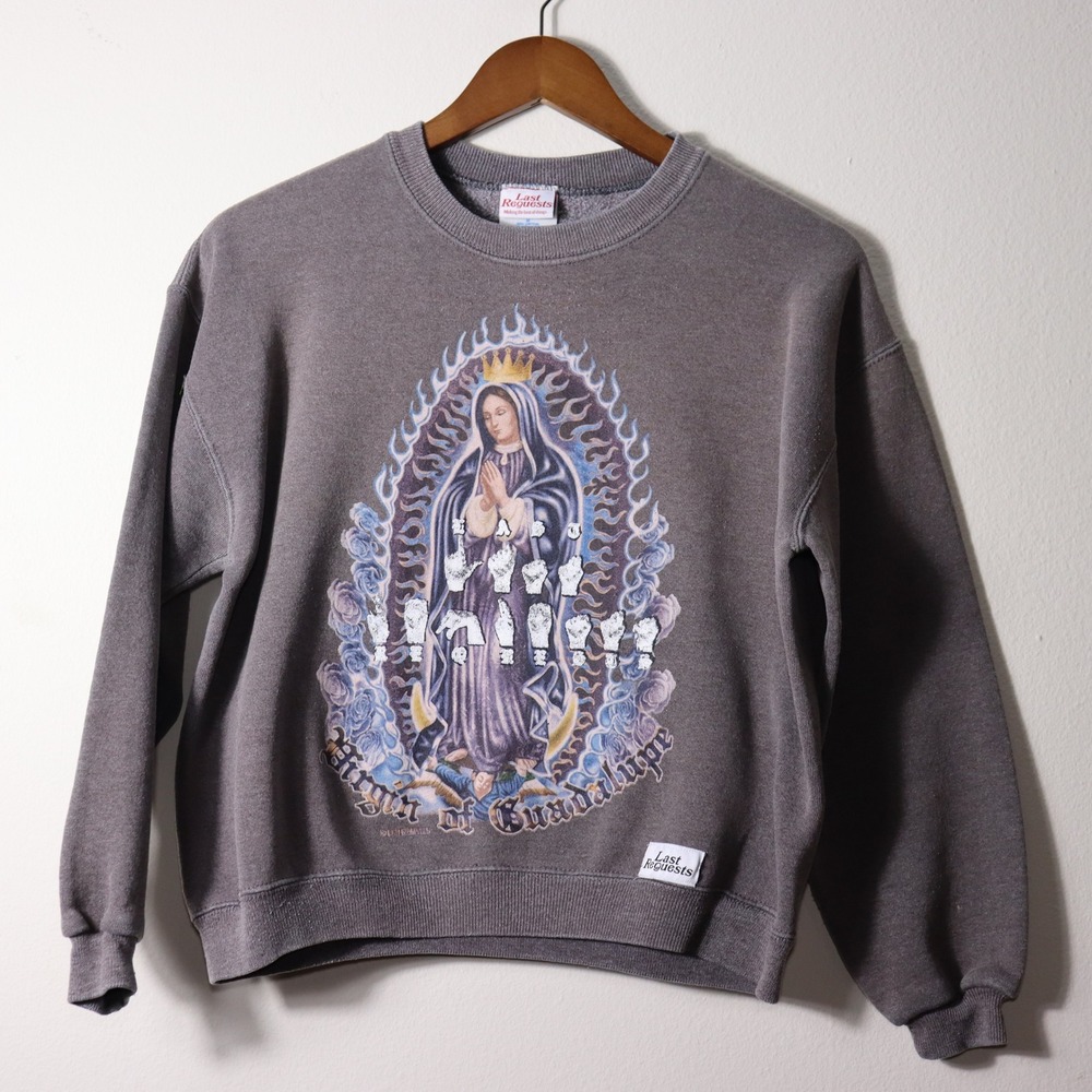Last Requests Virgin of Guadalupe Sign Language Graphic Sweatshirt Grey Womens